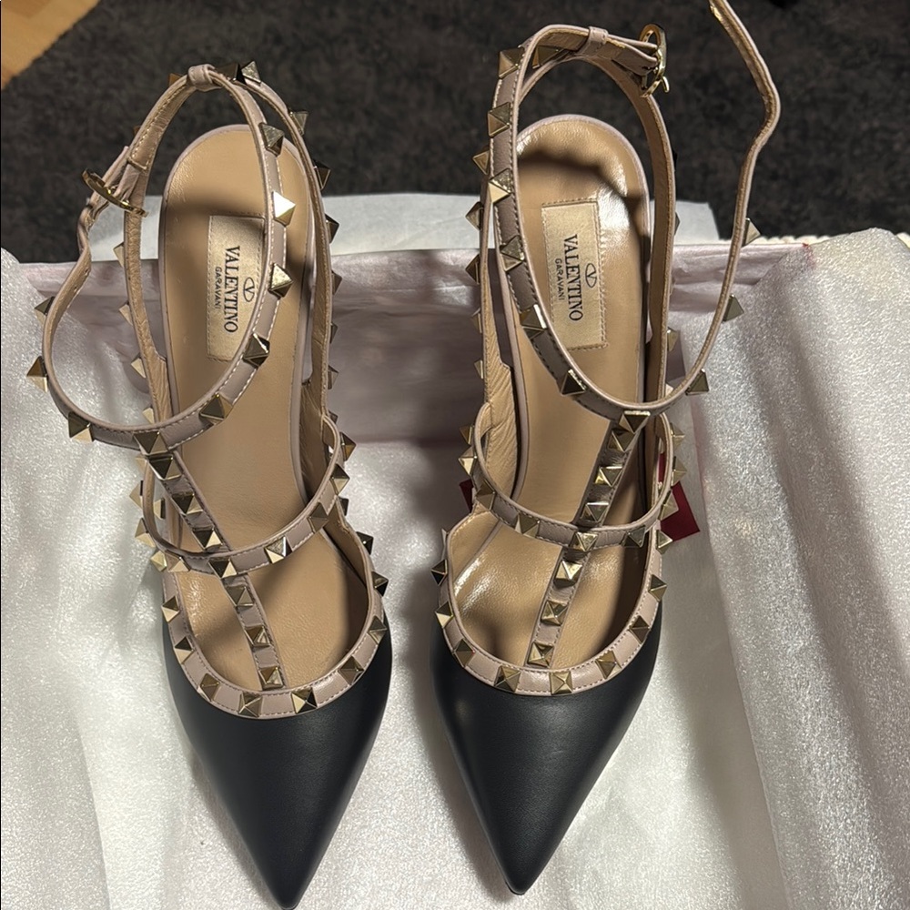 Valentino Black and Cream Studded Heels